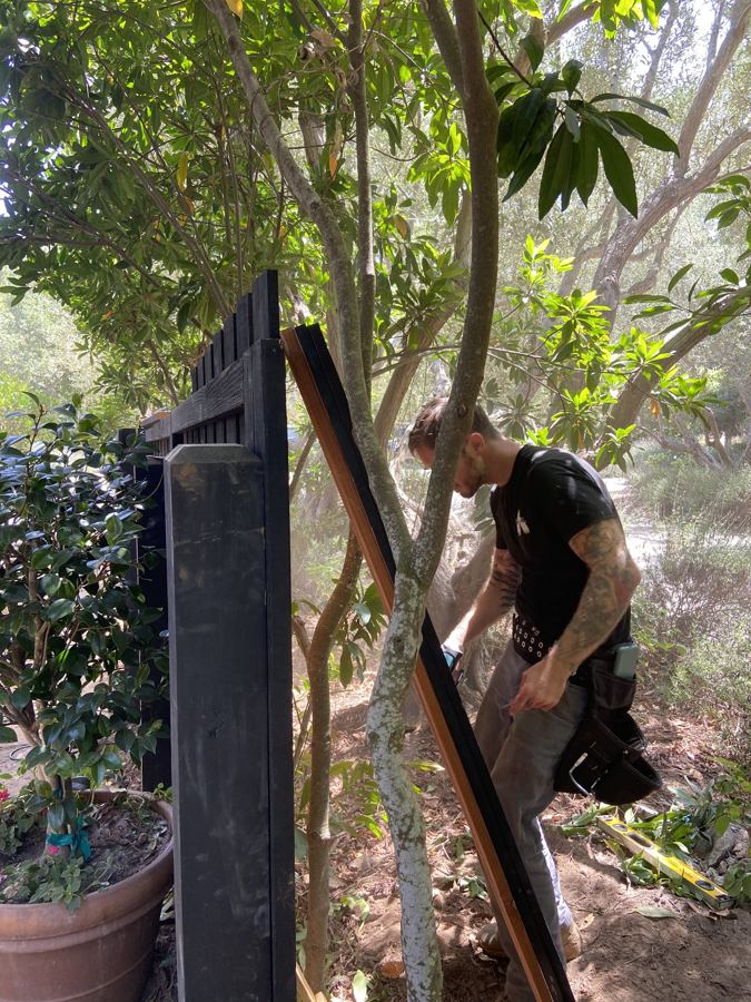 Craftsman installing black-stained fence boards