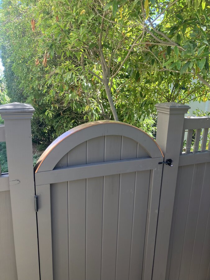 Cedar horizontal-plank gate set into a board fence in Santa Barbara