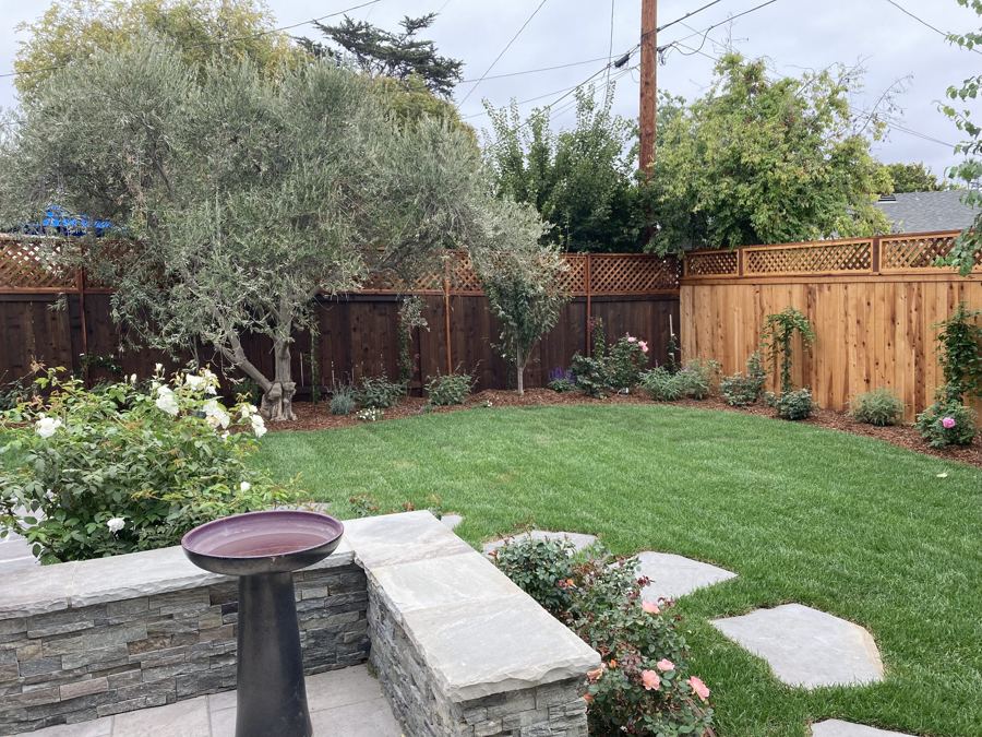 Cedar privacy fence around landscaped backyard, Santa Barbara