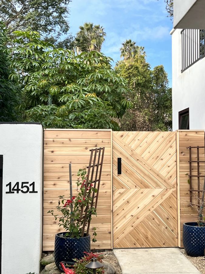 Chevron cedar gate at a modern entry