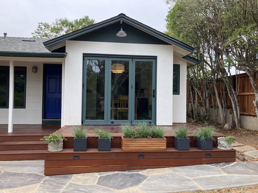 Wood deck and planters at a craftsman-style home in Santa Barbara