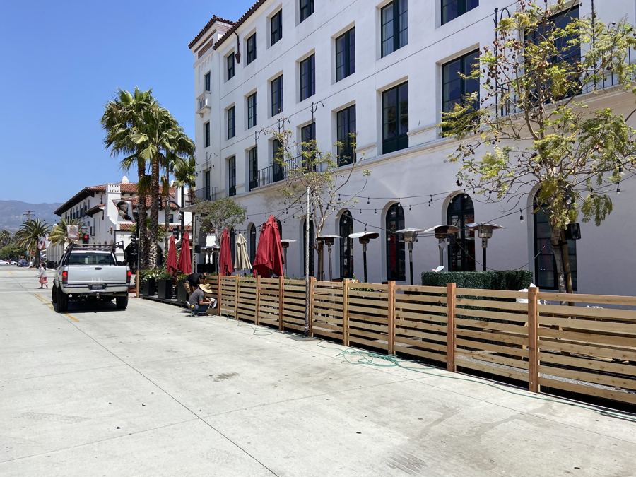 Commercial parklet fencing on State Street, downtown Santa Barbara