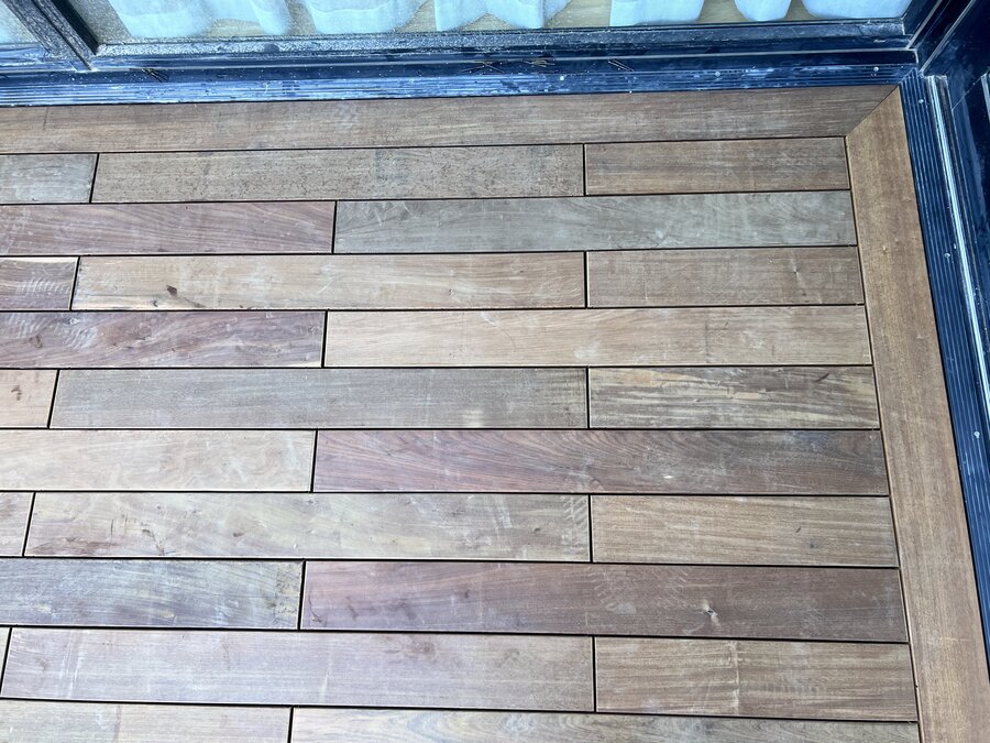 Close-up detail of hardwood pedestal decking boards