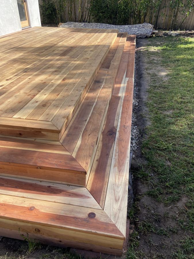 Redwood deck steps corner detail